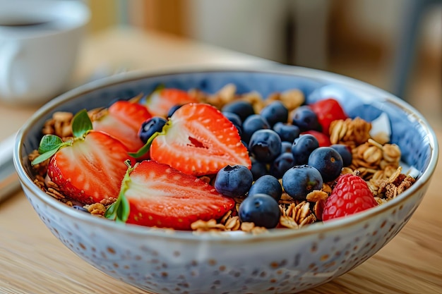 Delicious Granola Bowl with Fresh Strawberries and Blueberries