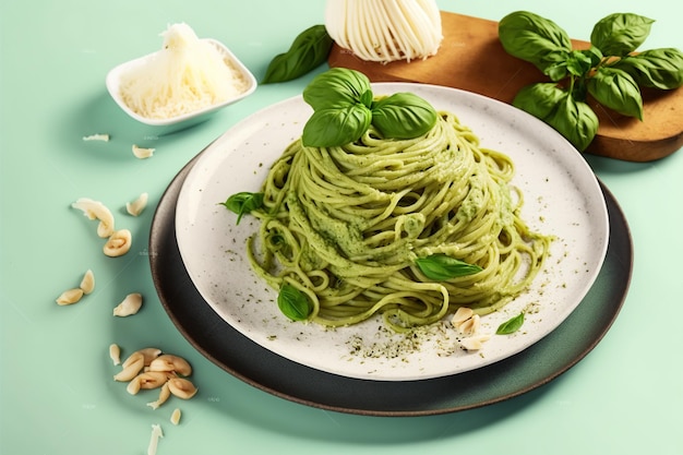 Delicious green pasta dish with pesto sauce and fresh herbs