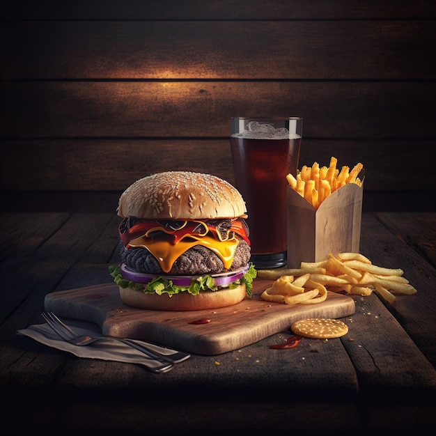 Delicious grilled burger isolated with cold Drink and fries