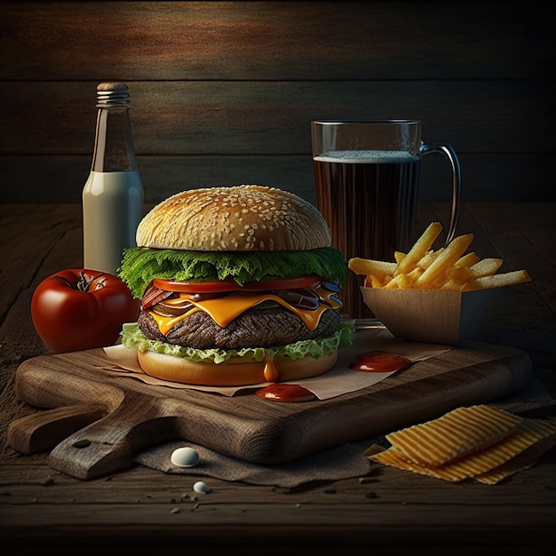 Delicious grilled burger isolated with cold Drink and fries