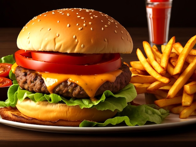 Delicious Grilled Cheese Beef Burger with French Fries and Sauce