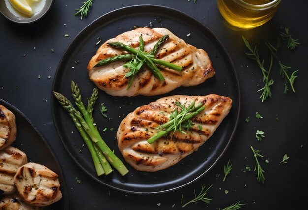 Photo delicious grilled chicken breasts served with fresh asparagus garnished with herbs and lemon slices