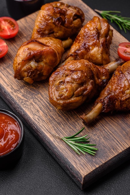 Delicious grilled chicken legs with spices and herbs in teriyaki sauce