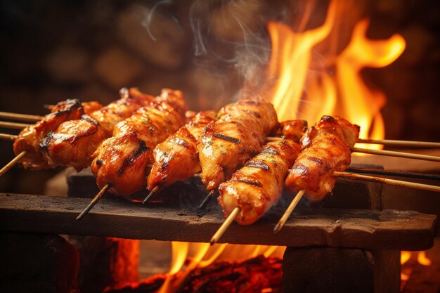 Delicious grilled chicken skewers over charcoal bbq with steam and warm lighting at backyard cookout