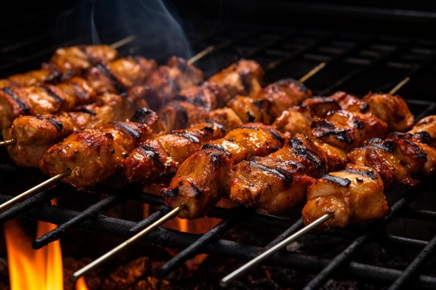 Delicious grilled chicken skewers over charcoal bbq with steam and warm lighting at backyard cookout