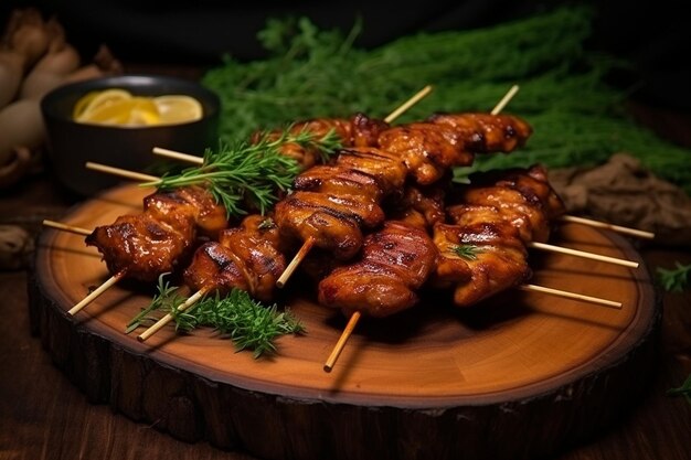 Delicious grilled chicken skewers with green onions and spices on wooden board perfect for bbq