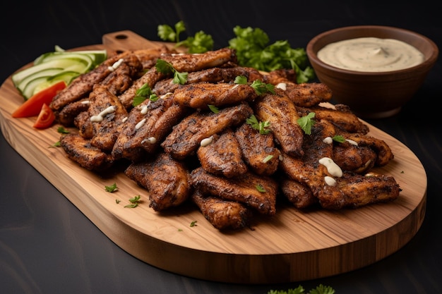 Delicious grilled chicken skewers with green onions and spices on wooden board perfect for bbq