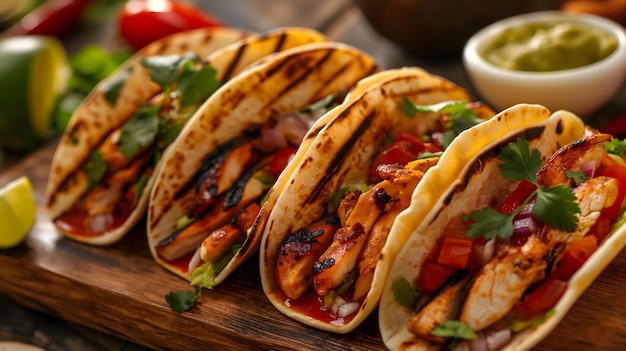 Delicious Grilled Chicken Tacos with Fresh Vegetables on Wooden Board