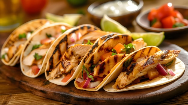 Delicious Grilled Chicken Tacos with Fresh Vegetables on Wooden Board