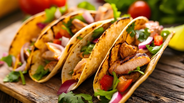 Delicious Grilled Chicken Tacos with Fresh Vegetables on Wooden Board