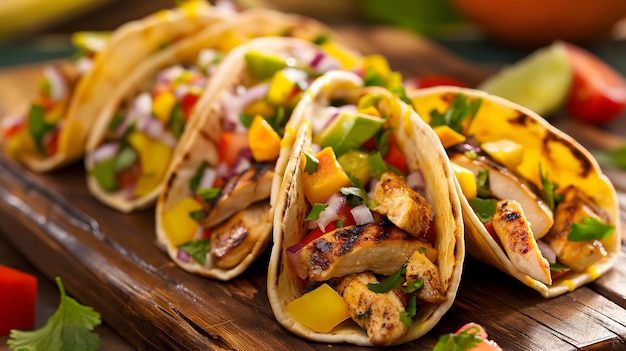 Delicious Grilled Chicken Tacos with Fresh Vegetables on Wooden Board