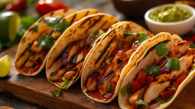 Delicious Grilled Chicken Tacos with Fresh Vegetables on Wooden Board