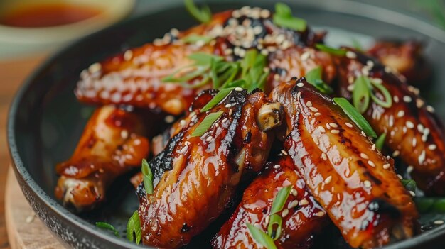 Delicious grilled chicken wings garnished with sesame seeds and green onions