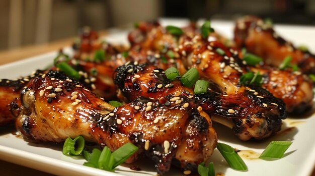 Delicious grilled chicken wings garnished with sesame seeds and green onions