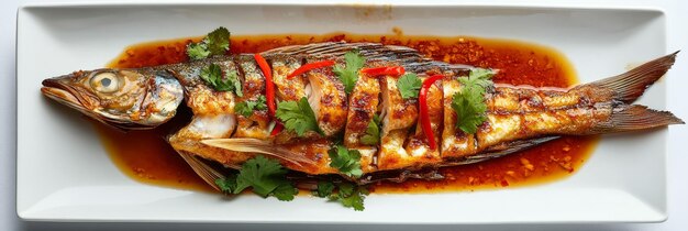 Photo a delicious grilled fish dish coated in a spicy sauce and garnished with fresh herbs showcasi