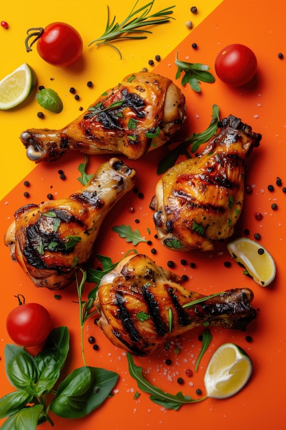 Delicious grilled poultry and vegetables on a vibrant orange surface