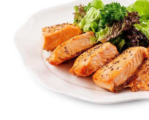 Delicious grilled roasted salmon fillets or steaks