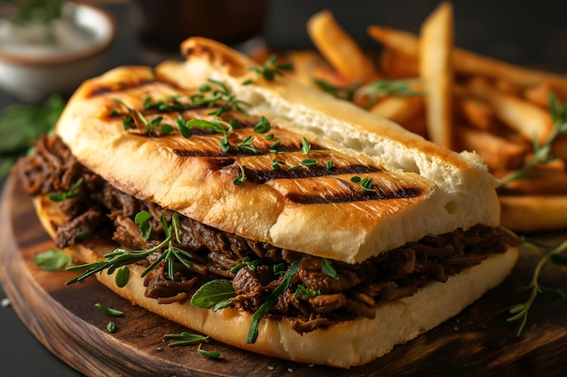 Delicious Grilled Sandwich with Pulled Pork and Golden French Fries