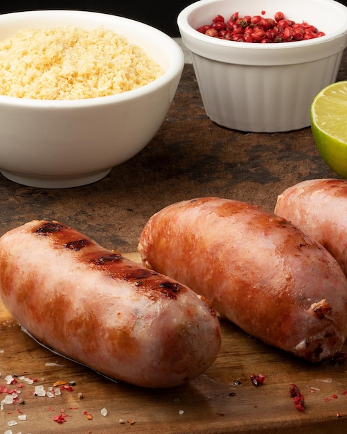 Delicious grilled sausage with toasted manioc flour