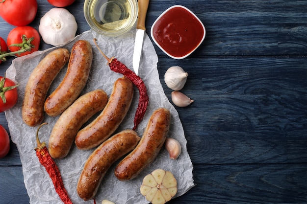 Delicious grilled sausages on paper with red sauce and spices on blue wooden background