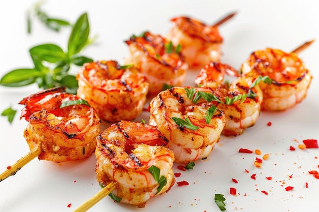 Delicious Grilled Shrimp Skewers on White Background