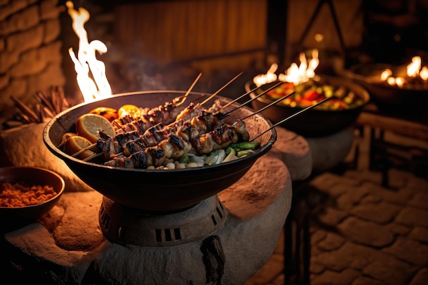 Delicious grilled skewers in bowls on lit burning backyard grill