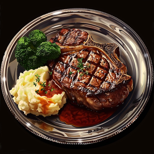 Delicious grilled steak served with mashed potatoes on plate closeup