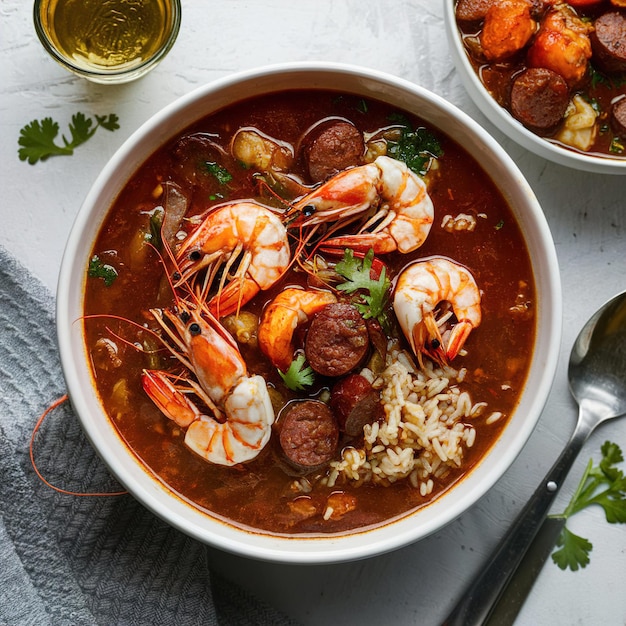 Photo delicious gumbo with prawns sausage and rice