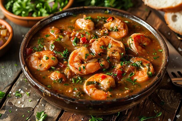 Delicious gumbo on wooden table created with tools