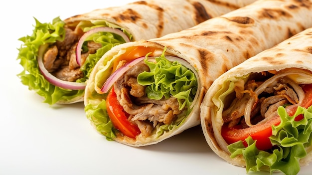 Delicious gyros fast food in flatbread lettuce tomatoes onions rolled isolated on white background Closeup