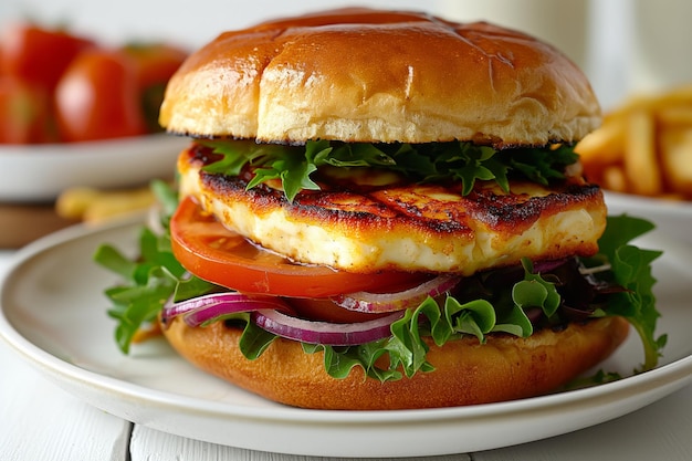 Delicious halloumi burger with fresh lettuce tomato and onion on a sesame bun