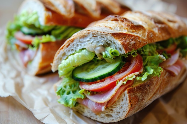 Delicious Ham and Cheese Sandwich with Fresh Vegetables on Crispy Baguette