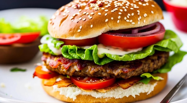 delicious hamburger on a fluffy sesame seed bun