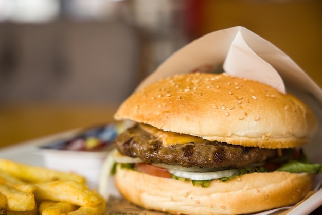 A delicious hamburger on a plate