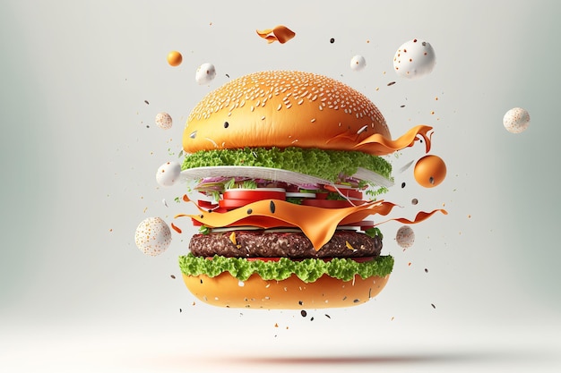 Delicious hamburger on a white backdrop with floating components