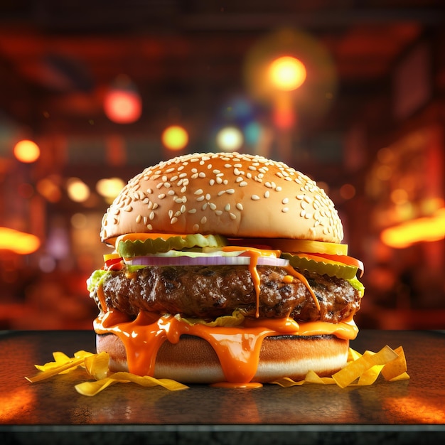 Delicious hamburger with beef cheese and sesame seeds on black background