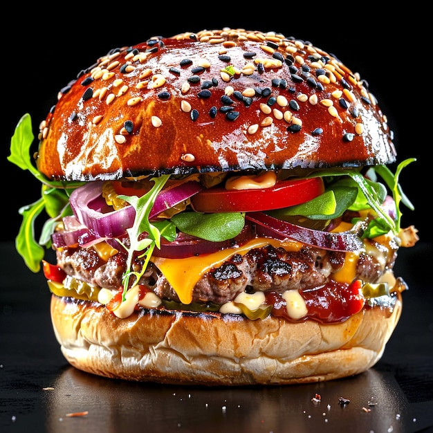 a delicious hamburger with cheese and onions on black background