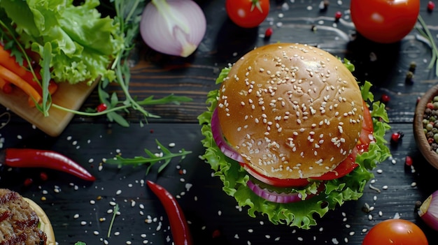 Photo a delicious hamburger with fresh lettuce tomato and onion perfect for food and restaurant concepts