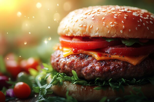 Photo delicious hamburger with fresh vegetables on wooden table food background generative ai