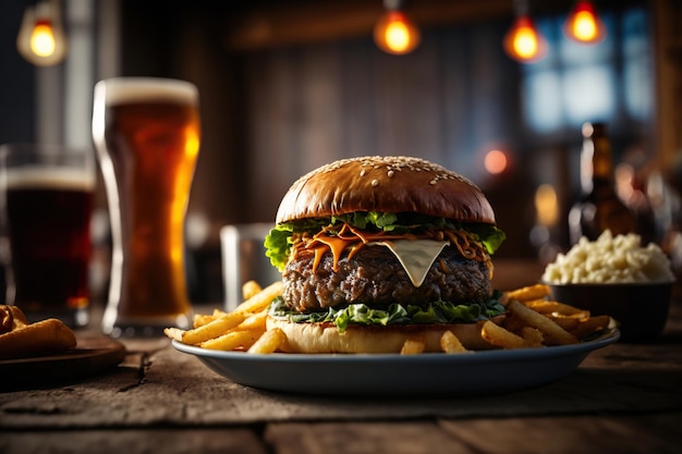 Delicious hamburger with fries and beer in a pub ai generative illustration