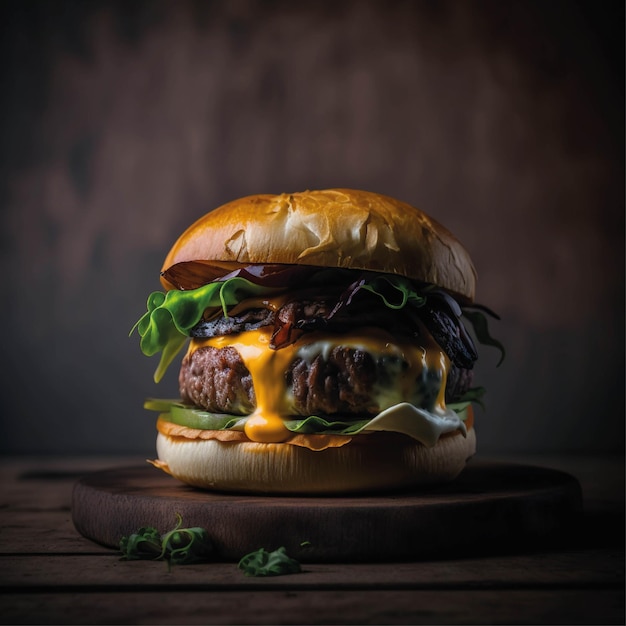 Delicious hamburguer on dark background for post, professional photo of a hamburguer