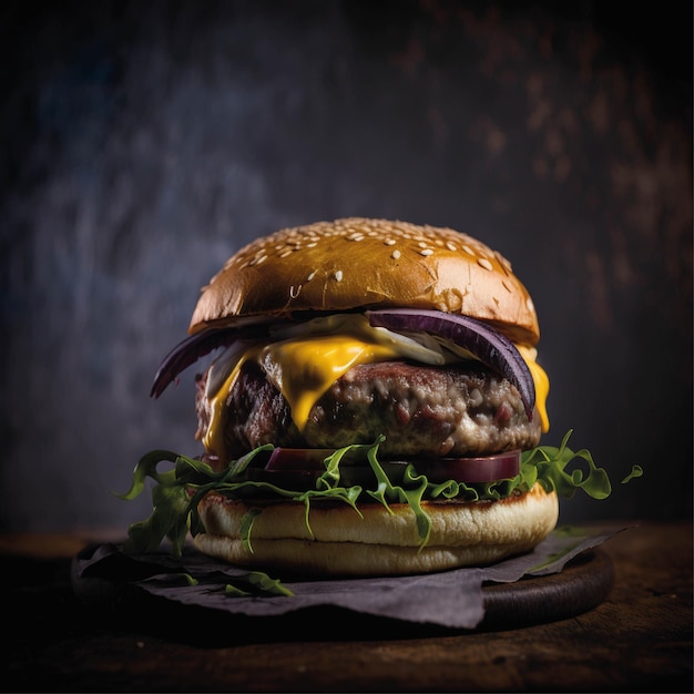 Delicious hamburguer on dark background for post, professional photo of a hamburguer