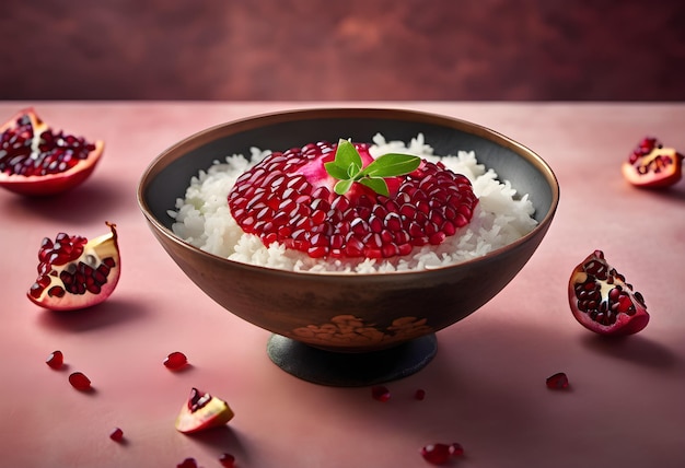 Delicious and healthy bowl with rice and pomegranate on the table