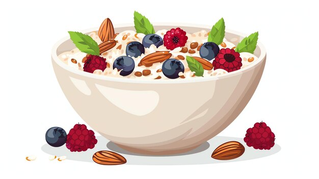 A delicious and healthy breakfast of oatmeal with fresh berries and nuts