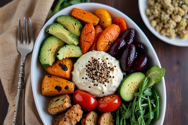 Photo a delicious and healthy buddha bowl with roasted vegetables quinoa and a creamy dressing