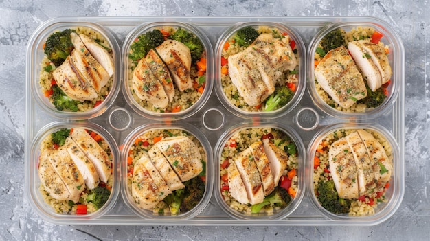 Photo delicious healthy chicken meal prep containers with vegetables and couscous