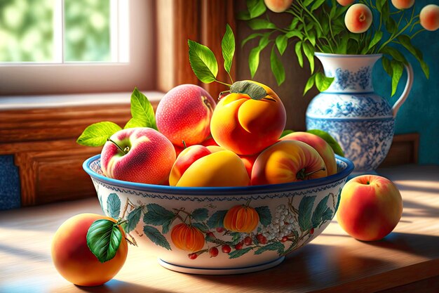 Delicious healthy diet of peaches and fruit bowl in kitchen