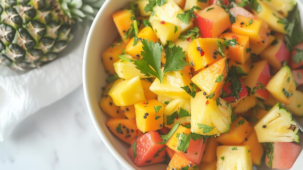 Photo a delicious and healthy fruit salad made with fresh pineapple papaya mango watermelon and topped with chopped parsley