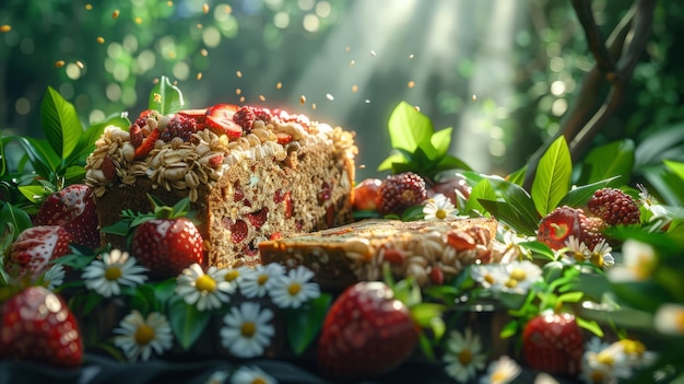 Photo delicious and healthy strawberry cake surrounded by flowers and leaves