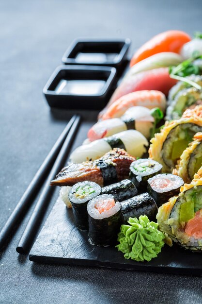 Delicious and healthy sushi set made of seafood and vegetables